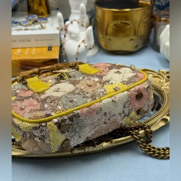 🆕 KURT GEIGER LONDON 🧿 NWOT XS Kensington Duffle, Yellow Floral Sequins - Picture 12 of 16